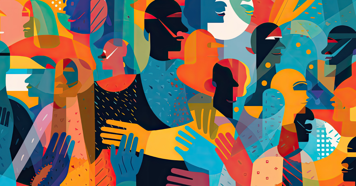 An abstract, colorful illustration celebrating diversity and inclusivity as a team showing people with their arms linked together