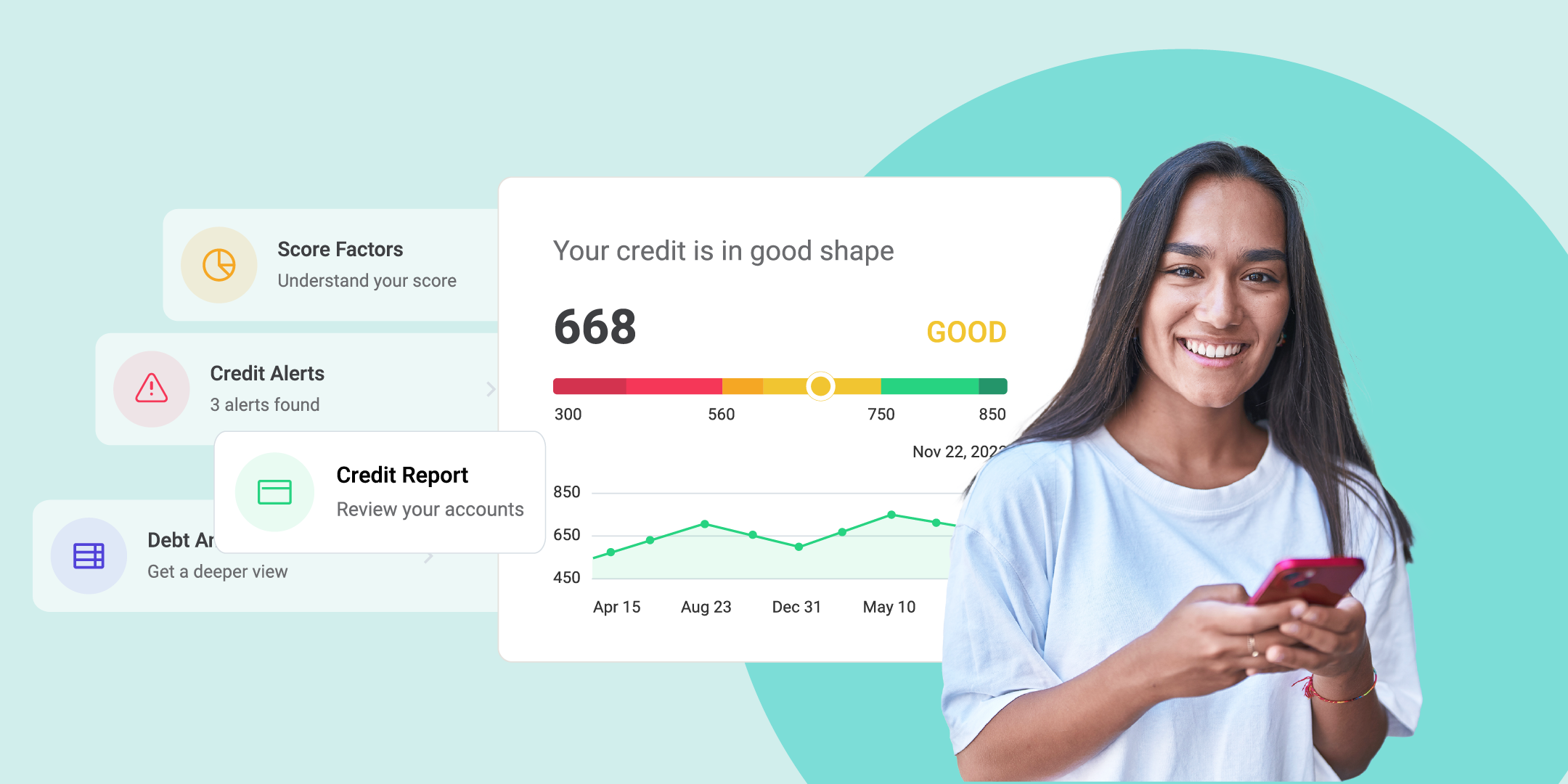 A smiling woman with a mobile phone in her hand is surrounded by her credit score and other credit attributes